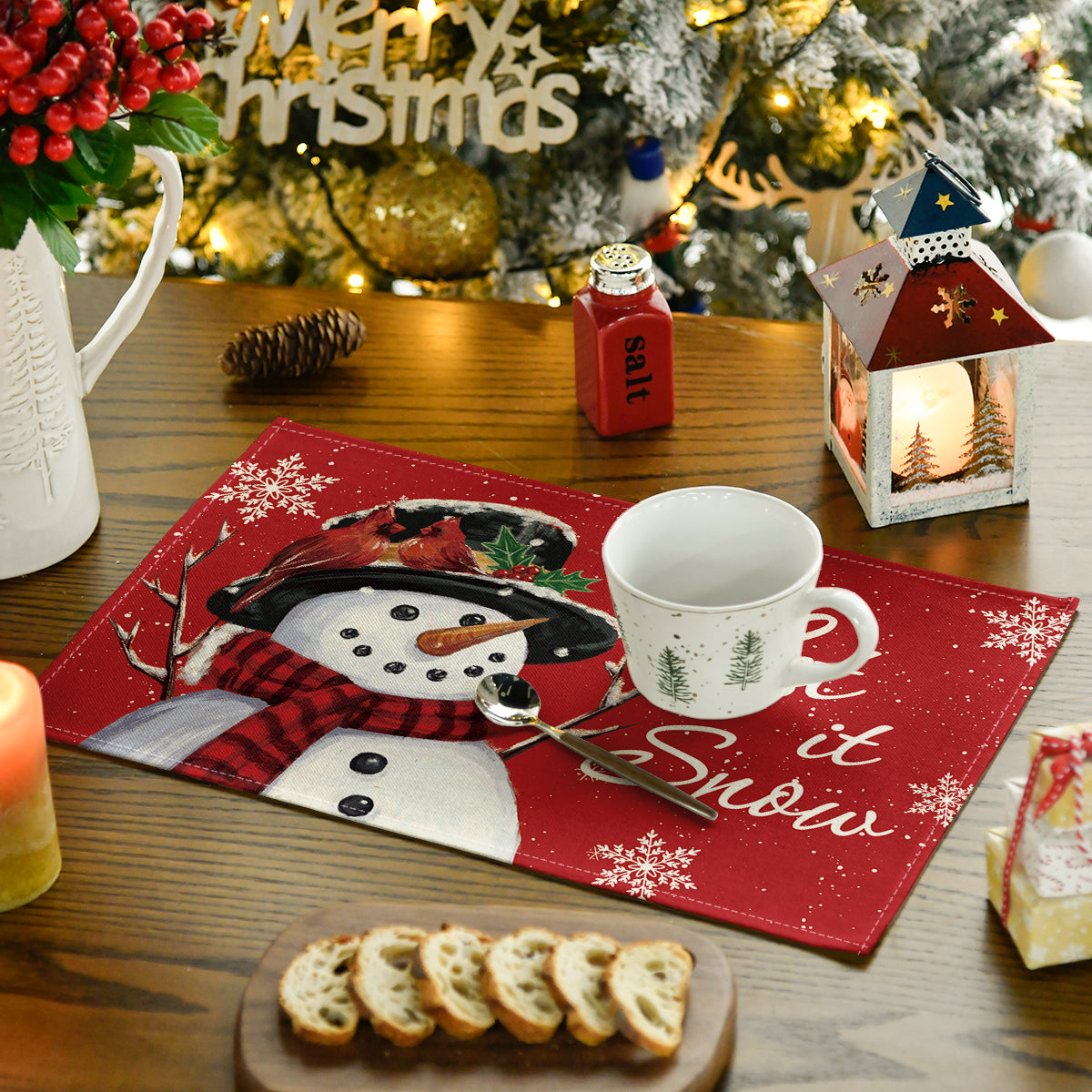 Artoid Mode Red Snowman Let It Snow Winter Placemats Set of 4, 12x18 Inch Seasonal Christmas Holiday Table Mats for Party Kitchen Dining Decoration