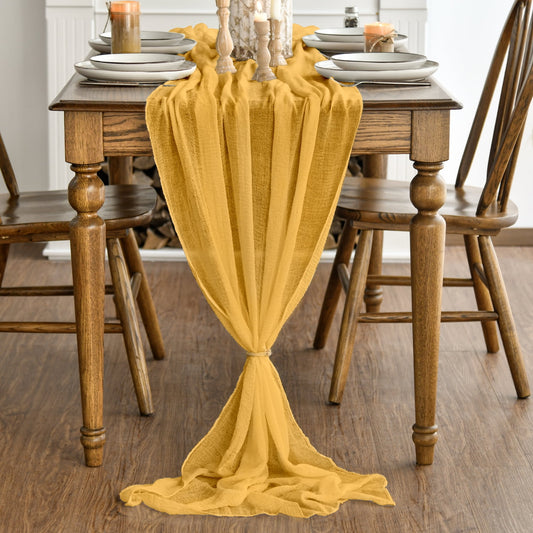 Yellow Cheesecloth Table Runner, 31 x 118 Inch Rustic Gauze Boho Tablecloth for Bridal Shower Wedding Party Table Decoration