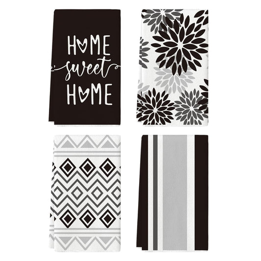 Black and White Dahlia Flower Stripe Halloween Dish Towels, 4 Count