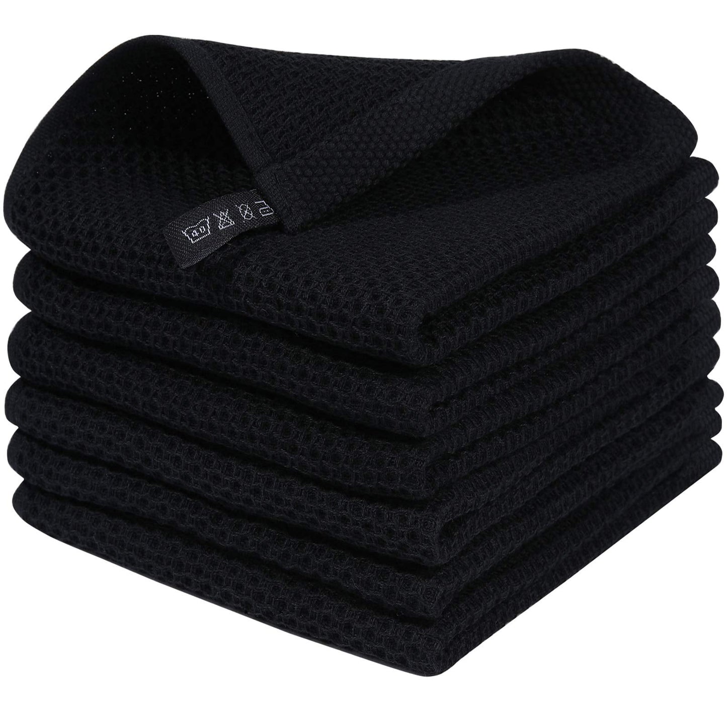 100% Cotton Waffle Dishcloth, Black, 6 Pack Soft Absorbent Quick Dry Kitchen Towels Cleaning Towels 12x12 Inch