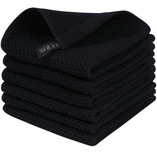 100% Cotton Waffle Dishcloth, Black, 6 Pack Soft Absorbent Quick Dry Kitchen Towels Cleaning Towels 12x12 Inch