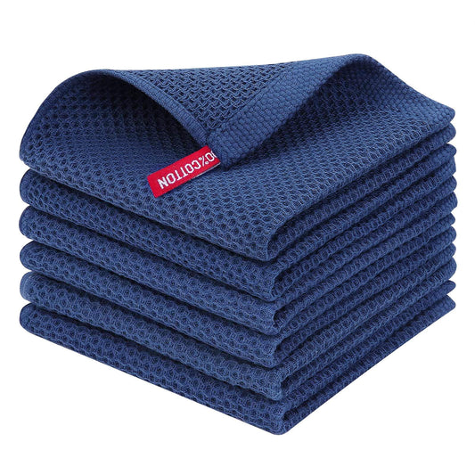 100% Cotton Waffle Dishcloth, Dark Blue, 6 Pack Soft Absorbent Quick Dry Kitchen Towels Cleaning Towels 12x12 Inch