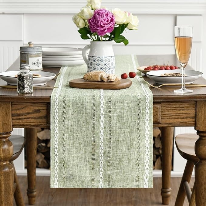 Modern Braided Stripe Boho Style Linen Table Runner 13 x 72 Inch Sage Green