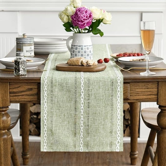 Modern Braided Stripe Boho Style Linen Table Runner 13 x 72 Inch Sage Green