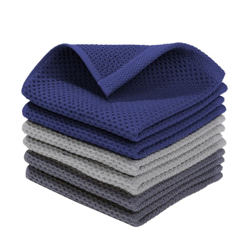 100% Cotton Waffle Dishcloth, Nave Blue and Grey, 6 Pack Soft Absorbent Quick Dry Kitchen Towels Cleaning Towels 12x12 Inch