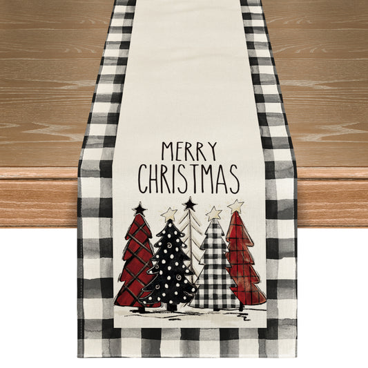 Artoid Mode 13x72 Inch Waterclor Buffalo Plaid Christmas Trees Merry Xmas Table Runner, Seasonal Winter Holiday Kitchen Dining Table Decoration for Indoor Outdoor Home Party Decor